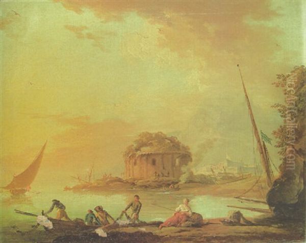 Fisherfolk Pulling In Their Nets At Dusk By A Mediterranean Harbour, A Classical Ruin Beyond Oil Painting by Charles Francois Lacroix