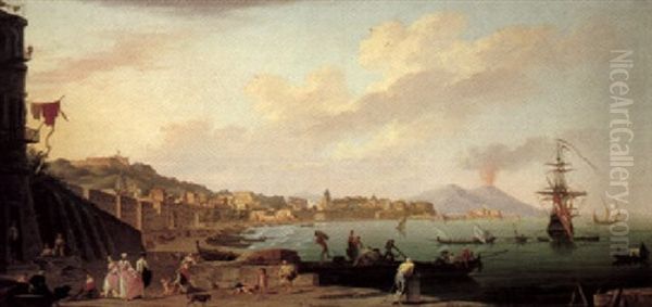 Naples, A View Of The Bay Of Naples Seen From Mergellina, Mount Vesuvius Erupting In The Distance Oil Painting by Charles Francois Lacroix