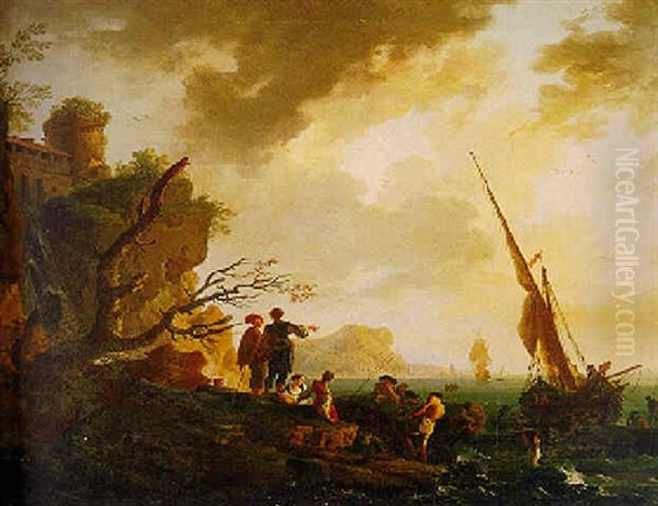 A Mediterranean Seascape With Fishermen And Other Figures By A Rocky Shoreline Oil Painting by Charles Francois Lacroix