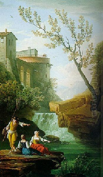 Capriccio View Of The Falls At Tivoli Oil Painting by Charles Francois Lacroix