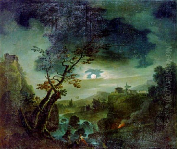 Paysage De Cascade Au Clair De Lune Anime De Pecheurs Oil Painting by Charles Francois Lacroix