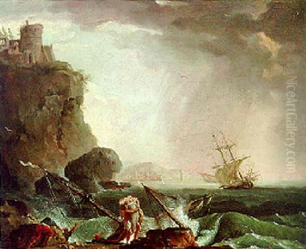 Survivors From A Shipwreck On A Rocky Coastline In A Storm Oil Painting by Charles Francois Lacroix