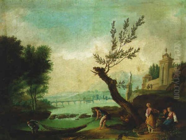 A River Landscape With Fisherman Pulling In A Net by Charles Francois Lacroix