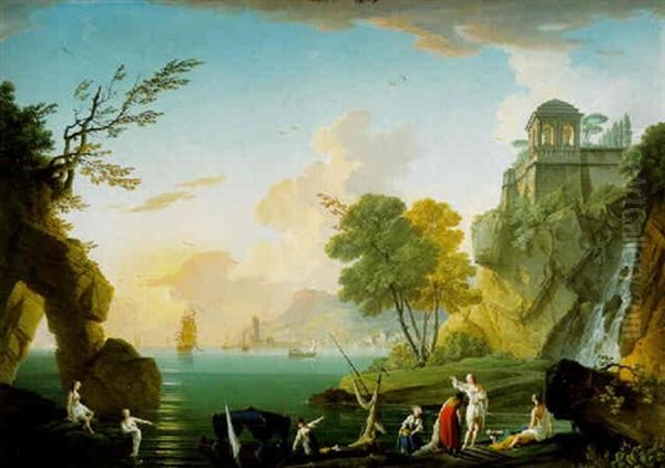 A Mediterranean Harbor At Sunset With Women Bathing By A Waterfall Oil Painting by Charles Francois Lacroix