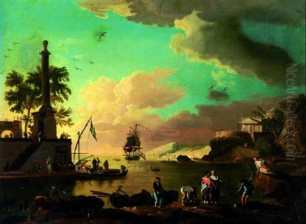 A Mediterranean Coastal Inlet With Fisherfolk On The Shore, A Classical Temple Beyond Oil Painting by Charles Francois Lacroix