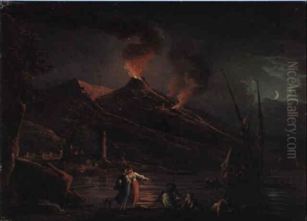 A Capriccio View Of Vesuvius Erupting At Night, With Fisherfolk Oil Painting by Charles Francois Lacroix