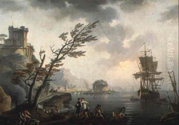 Pecheurs Pres D'un Rivage Mediterraneen Avec Un Vaisseau Oil Painting by Charles Francois Lacroix