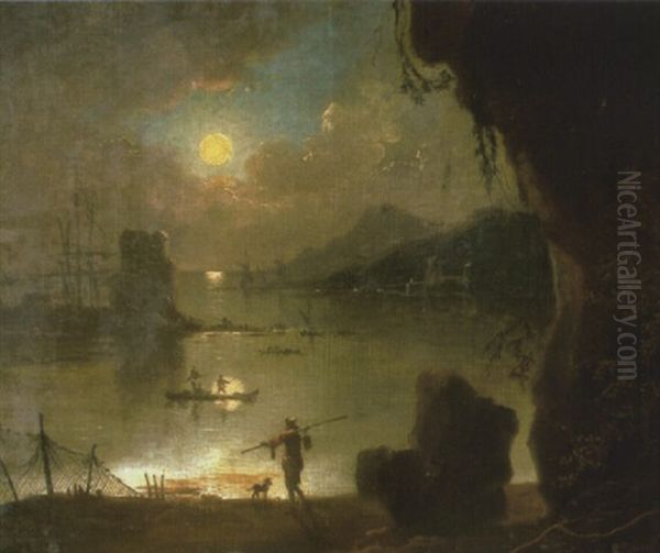 Moonlit Harbor With Fisherman And Dog By Shore Oil Painting by Charles Francois Lacroix