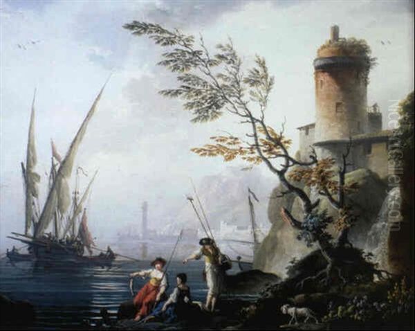 Scene De Port Mediterraneen Oil Painting by Charles Francois Lacroix