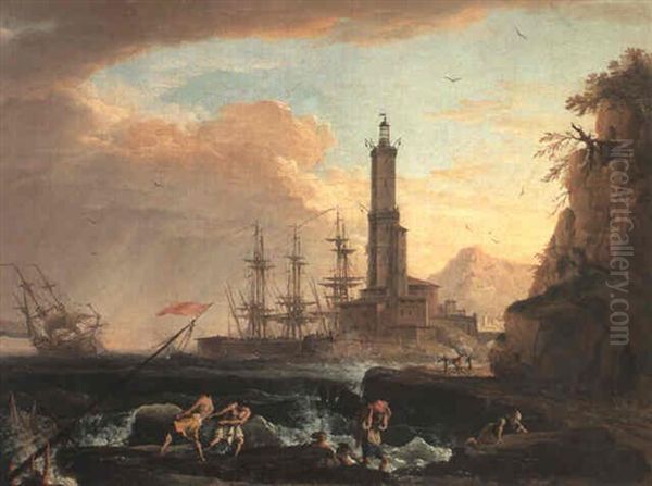 Remorquage A L'entree D'un Port De La Cote Napolitaine Oil Painting by Charles Francois Lacroix