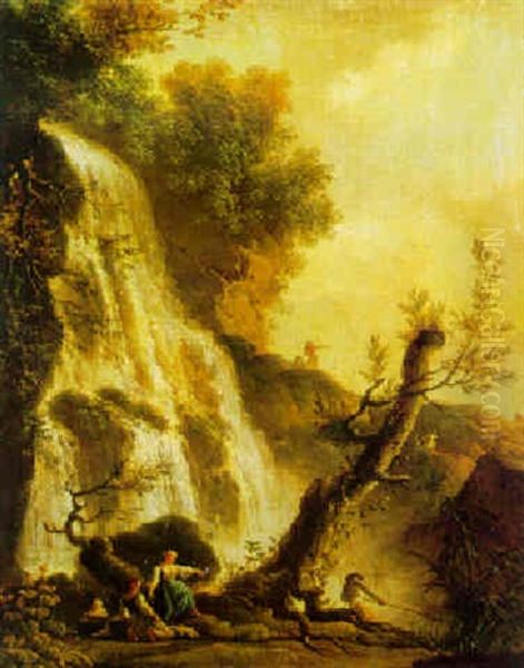 Italianate Landscape With A Waterfall And Figures Below     Including A Fisherman Pulling In His Net Oil Painting by Charles Francois Lacroix