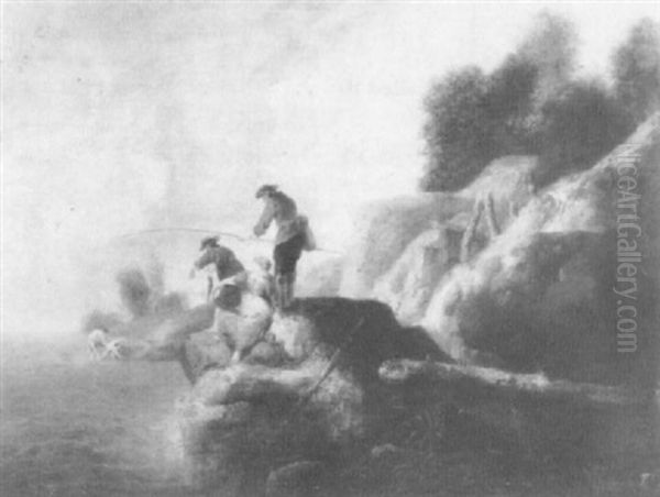 A Coastal Landscape With Anglers                            On Rocks By A Waterfall Oil Painting by Charles Francois Lacroix