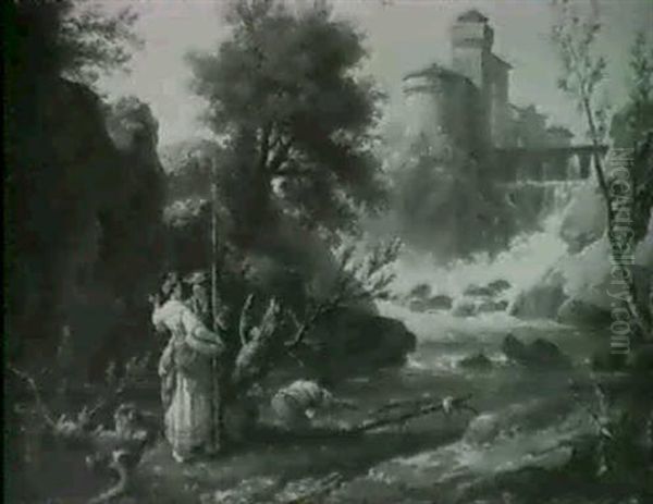 Fisherfolk And A Washerwoman On A Riverbank, A View Of      Tivoli Beyond Oil Painting by Charles Francois Lacroix