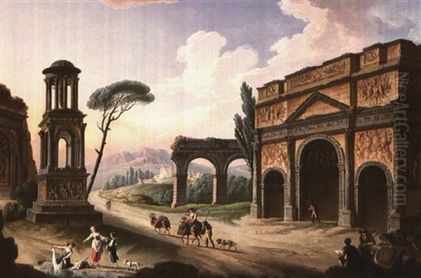 Caprices Of The Roman Monuments Of The South Of France (2) Oil Painting by Charles Francois Lacroix