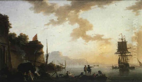 Un Vaisseau De Commerce Hollandais Devant Un Port Avec Le   Drapeau Catalan Oil Painting by Charles Francois Lacroix