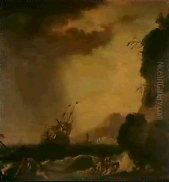 Vaisseau Pres D'un Rivage Rocheux Oil Painting by G. F. de LaCroix