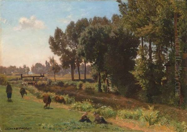 Sommerlandschaft Mit Weidevieh Und Bauern An Einem Fluss Oil Painting by Gaspard-Jean Lacroix