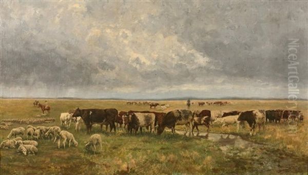 Vaches Et Brebis Oil Painting by Tristan L. Jules Lacroix