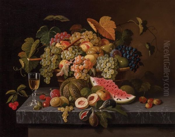 Fruit And Wine Glass On Marble Tabletop Oil Painting by Paul Lacroix