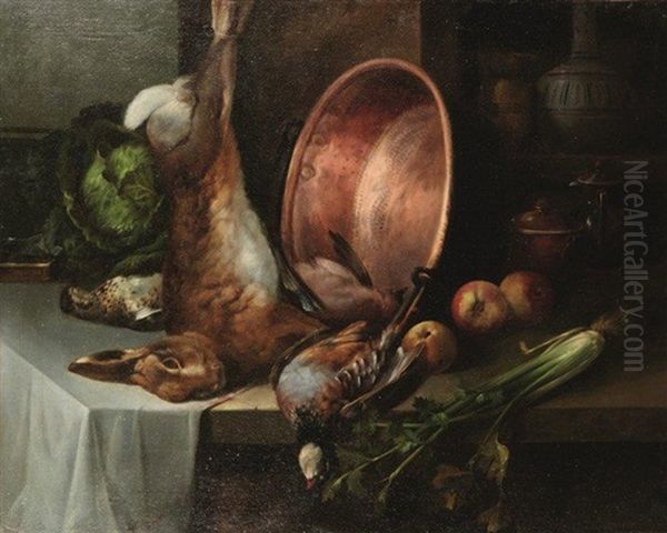 Entablement De Cuisine A La Bassine De Cuivre, Lievre, Perdreau, Grive, Geai Oil Painting by Paul Lacroix