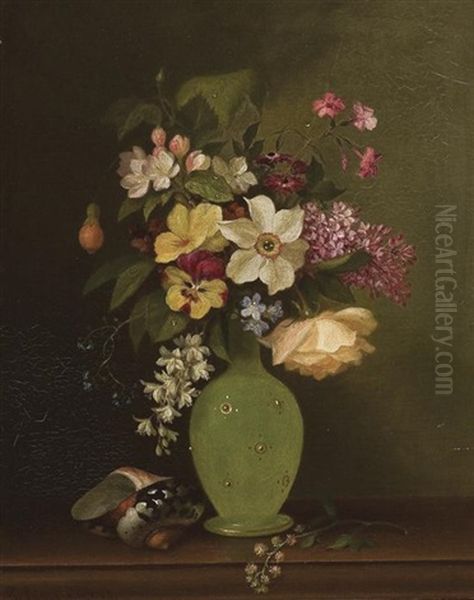 Flowers In A Green Vase (+ Vase Shown In The Painting; 2 Works) Oil Painting by Paul Lacroix