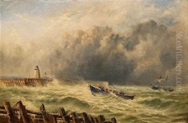 Two Ships On A Stormy Sea Oil Painting by Charles John de Lacy