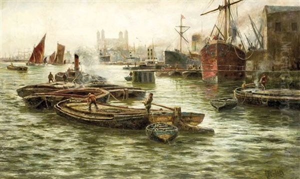 Grose Ansicht Des Londoner Hafens Mit Zahlreichen Schiffen Und Der Silhouette Des Tower Of London Im Hintergr. Oil Painting by Charles John de Lacy