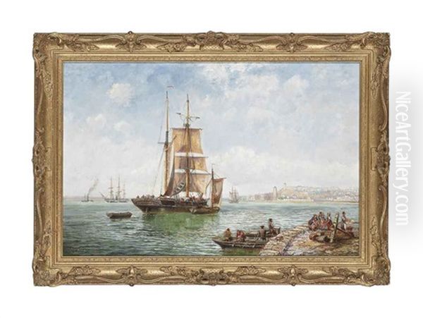 A Trading Brig Drifting Into A Continental Harbour Oil Painting by Charles John de Lacy