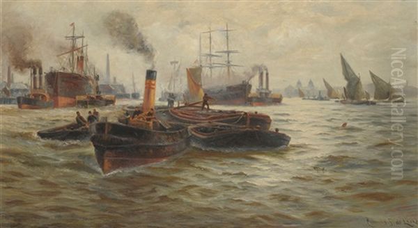 Barges And Other Shipping On The Thames Oil Painting by Charles John de Lacy