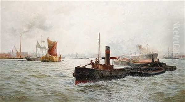 Thames Scene With Barges In The Foreground Oil Painting by Charles John de Lacy