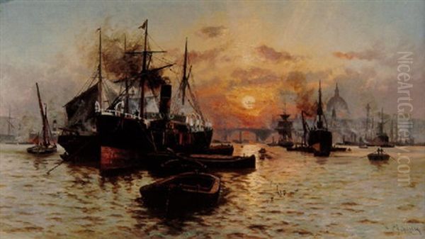 Merchant Ships And Barges At Anchor On The Thames, Before St. Paul's Cathedral At Sunset Oil Painting by Charles John de Lacy