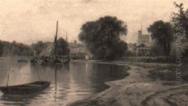 View On The Thames At Isleworth With The London Apprentice Inn by Charles John de Lacy