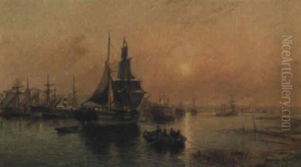 Shipping Off A Harbour (chatham?) Oil Painting by Charles John de Lacy