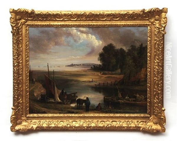 River Landscape With Figures And Boats Oil Painting by Henry Ladbrooke