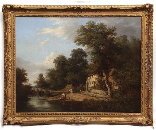 Extensive River Landscape With Bridge And Figures By A Cottage Oil Painting by Henry Ladbrooke