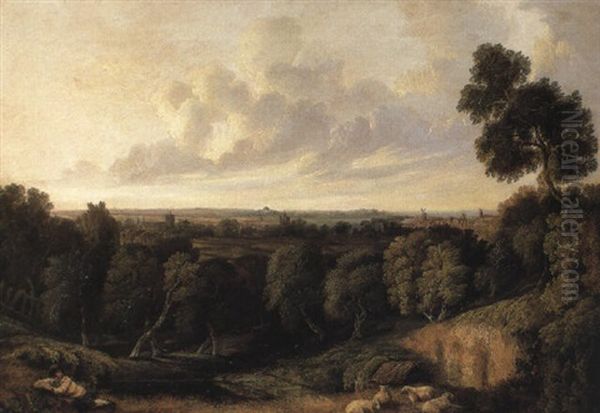 Shepherd And Sheep With Distant View Of Bury St. Edmunds Oil Painting by Henry Ladbrooke