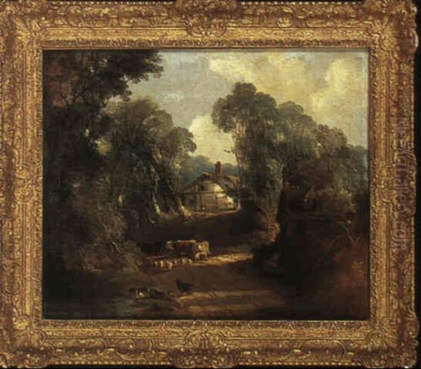 Landscape With A Young Drover Drinking From A Pond... Oil Painting by Henry Ladbrooke