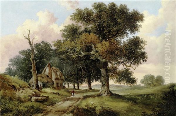 Figure On A Country Lane In An East Anglian Landscape Oil Painting by John Berney Ladbrooke