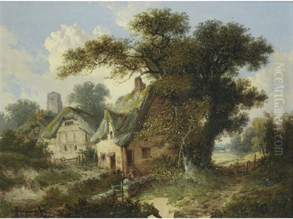 A Country Village Oil Painting by John Berney Ladbrooke