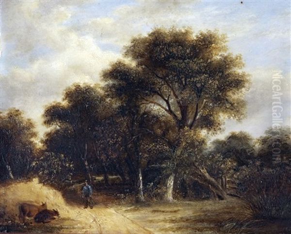 Wooded Landscape With Figure And Donkeys In A Lane Oil Painting by John Berney Ladbrooke