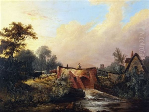 River Landscape With Figure, Cattle, Sheep On A Bridge, Cottage And Church Beyond Oil Painting by John Berney Ladbrooke