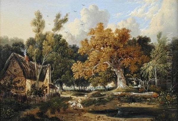 Sheep Outside A Cottage Beside An Ancient Oak Tree Oil Painting by John Berney Ladbrooke