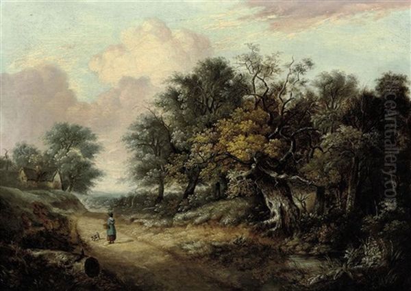 A Figure And A Dog On A Country Track, A Cottage Beyond Oil Painting by John Berney Ladbrooke