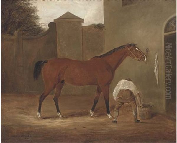 A Tethered Horse With A Groom In A Yard by John Berney Ladbrooke