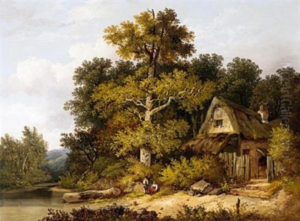 Travellers Resting By A Cottage In A Wooded Landscape Oil Painting by John Berney Ladbrooke