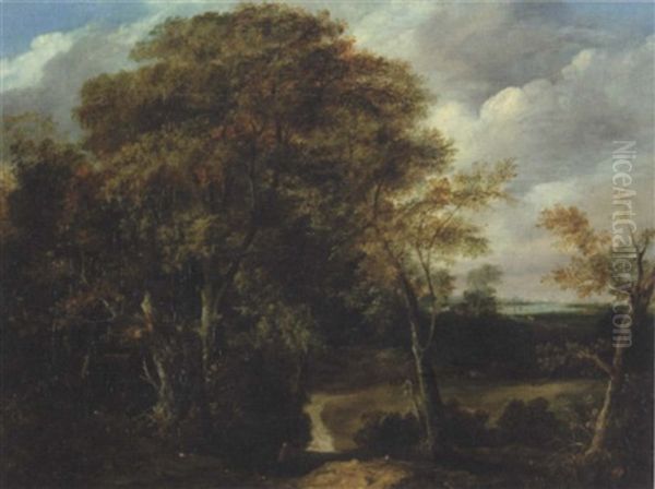 Landscape With A Figure In Red Walking Along A Tree-lined Path, An Estuary Beyond Oil Painting by John Berney Ladbrooke