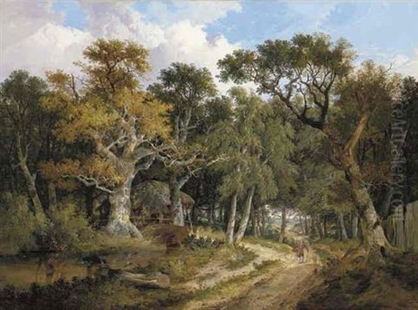 A Wooded River Landscape With A Figure On A Path Oil Painting by John Berney Ladbrooke