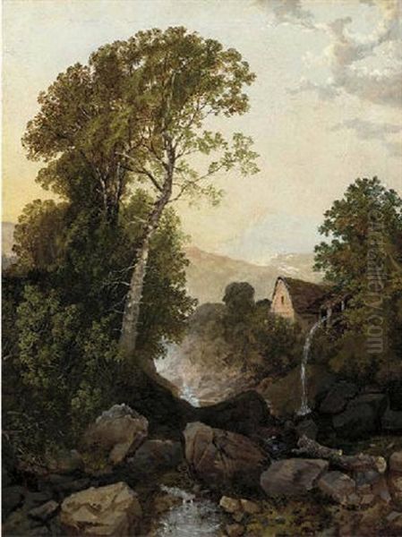 A Watermill With Snowdon Beyond Oil Painting by John Berney Ladbrooke