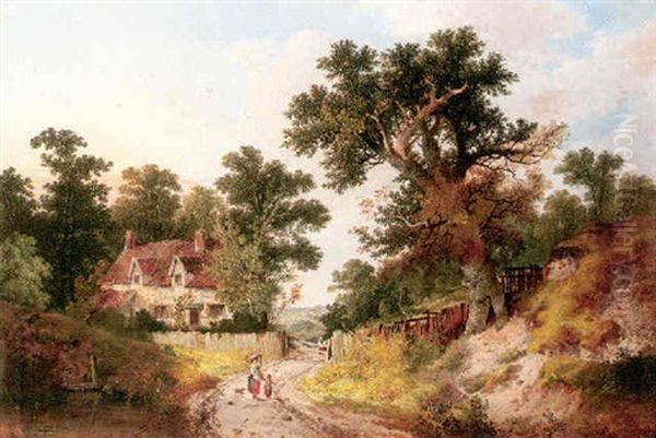 A Landscape With A View Of A Cottage And Figures On A Path Beside A Pond Oil Painting by John Berney Ladbrooke