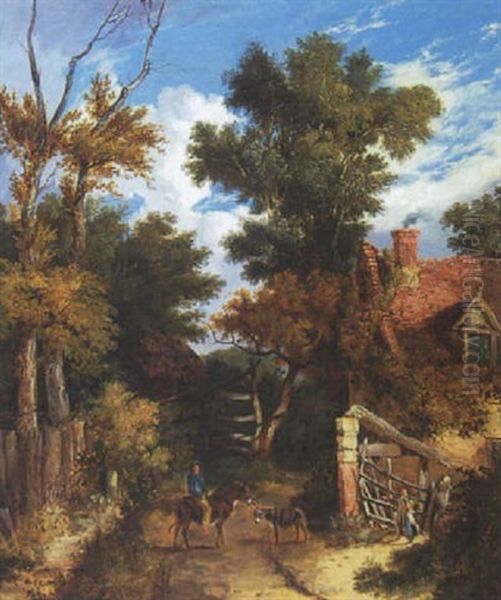 Country Lane With Figures And Donkeys Oil Painting by John Berney Ladbrooke